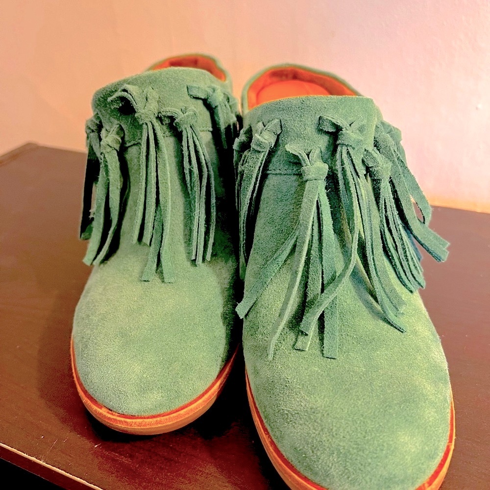 Kork-Ease Charley Green Suede Mules with Tassels